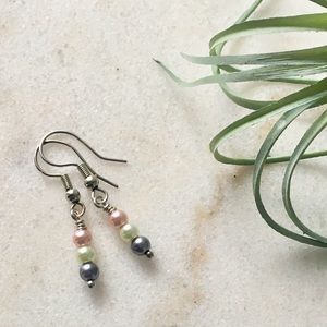Dainty 3 Pearl Bar Mini Earrings Pink Green Blue